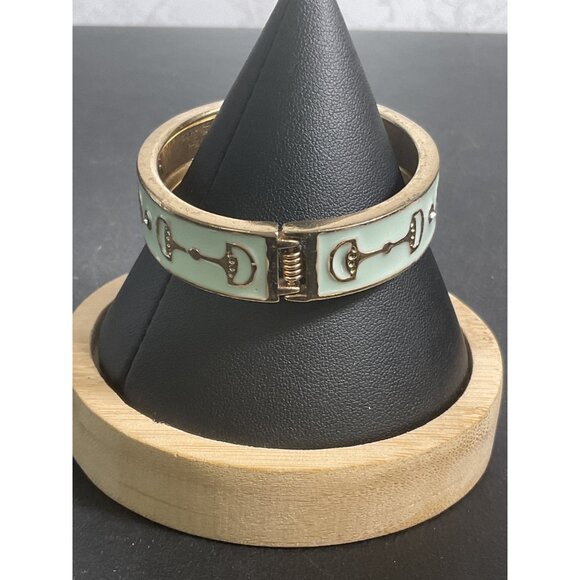 Vintage Formash Gold-Tone & Mint Enamel Hinged Bangle Bracelet With Horse Bit De - Picture 4 of 5